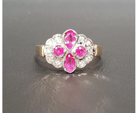 RUBY AND DIAMOND CLUSTER RINGfour round and oval cut central rubies flanked by five diamonds to each side, on nine carat gold