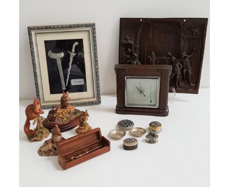 MIXED LOT OF COLLECTABLESincluding four Border Fine Arts resin groups, cased bosuns whistle, pewter pill boxes, pewter potpou