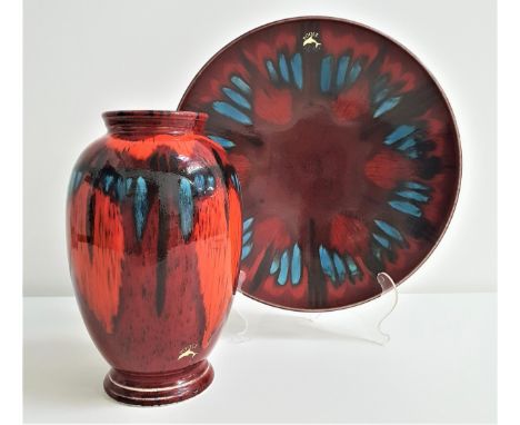POOLE POTTERY DISH AND VASEboth in the Exodus pattern, the dish 26.7cm diameter and the vase 20.5cm high (2) 