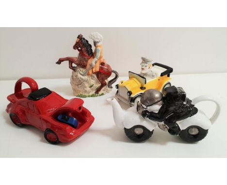 FOUR NOVELTY TEAPOTSdepicting a Porche, a vintage car, a motorcycle and Knight of the Realm on horseback (4) 