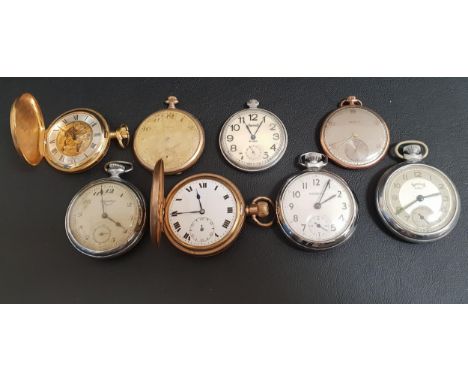 SELECTION OF EIGHT POCKET WATCHESincluding a gold plated full hunter, Ingersoll, Services Army, Pronto, Tempo, and a Russian 
