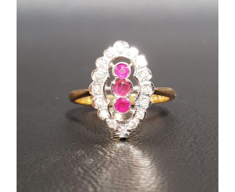 ART DECO STYLE RUBY AND DIAMOND PLAQUE RINGthe central three rubies in vertical setting totalling approximately 0.25cts, in s