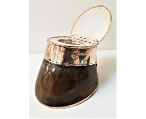 VICTORIAN SILVER MOUNTED HORSE HOOF INKWELLwith a lift up lid inscribed Major 1886, Sheffield 1886 by Henry Wigfull