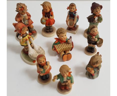 TEN GOEBEL PORCELAIN FIGURINESdepicting a boy with an accordion, 8cm high, girl holding a doll, 8.5cm high, girl with two gee