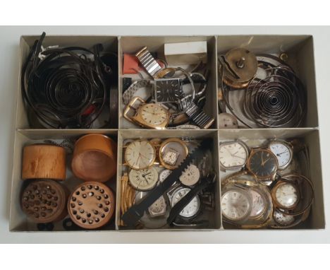 INTERESTING SELECTION OF WATCH AND CLOCK MAKER'S TOOLS AND PARTSincluding watch dials, movements and cases, clock springs, tw