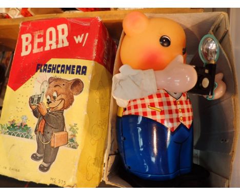 Boxed vintage bear with flash camera clockwork and battery operated