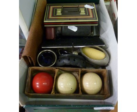 3 early ceramic billiard balls, scent bottles, costume jewellery etc