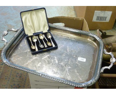 Large twin handled silver plated tray and a cased set of silver hallmarked tea spoons