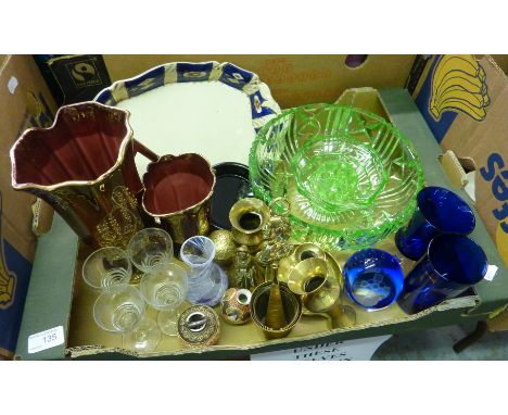 Large selection of decorative glass ware, brass candlestick, Caithness vase etc in 1 box