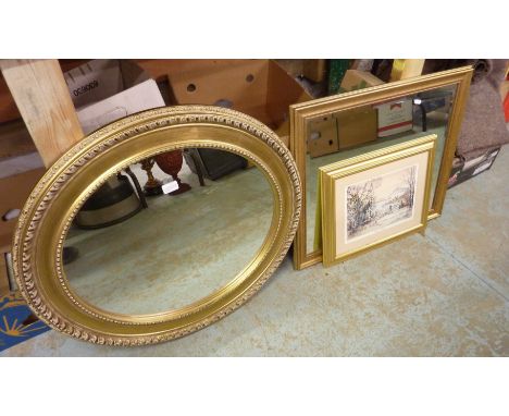 2 gilt framed mirrors and a print