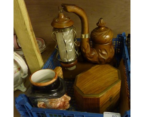 Decorative character jug, tea caddy and other wooden items in 1 box