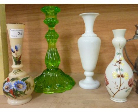 Green glass candlestick and 3 opaque glass vases