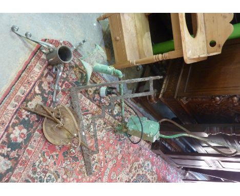 Large vintage street lamp, Christmas tree base, skillet pan and a rack