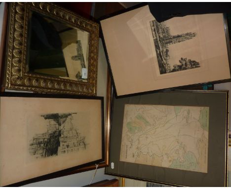 Framed map print, framed engraving of Boston Stump Lincolnshire etc