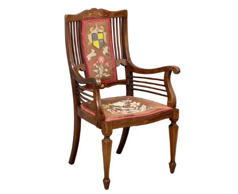 An Edwardian inlaid mahogany armchair with tapestry seat. 59x53x100cm(3) 