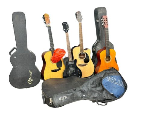 A collection of guitars and cases. Stagg, Action etc. 