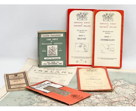 A collection of vintage Irish maps. Ulster Transport Time of Passenger Services. Ordnance Survey of Northern Ireland. Ordnanc