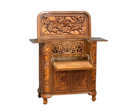 A vintage Chinese style carved teak folding cocktail bar. Closed 91x48x107cm 