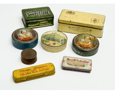 A collection of vintage tins. Wilkinson’s Pontefract Cakes, MacFarlane Lang &amp; Co Biscuits, McVitie &amp; Price Biscuit, M