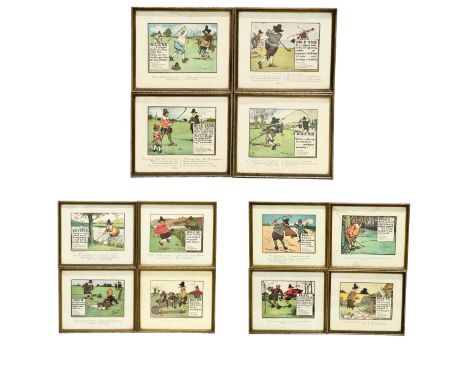 A set of 12 vintage Charles Crombie ‘Rules of Golf’ prints. Copyright of Perrier, French Natural Sparkling Table Water. 32.5x