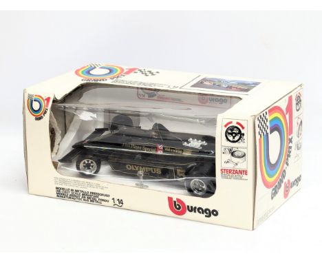 A Burago model car of Lotus JPS MK 4 1979 in box. Grand Prix. 1/14 scale. Box measures 36x19x16cm 