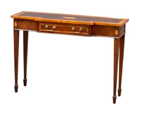 A Sheraton Revival Inlaid mahogany breakfront console table with satin wood cross banding. With a single drawer and tapered l