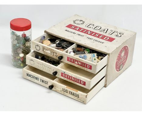 A vintage Coats Satinised sewing chest with buttons and marbles. 31x23x15cm 