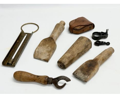 A job lot. 3 late 19th century wooden tools, barometer, scope with case etc. 