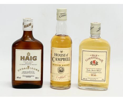 3 bottles of Scotch Whisky. Haig Gold Label. High Commissioner Old Scotch Whisky. House of Campbell Finest Scotch Whisky. 35c