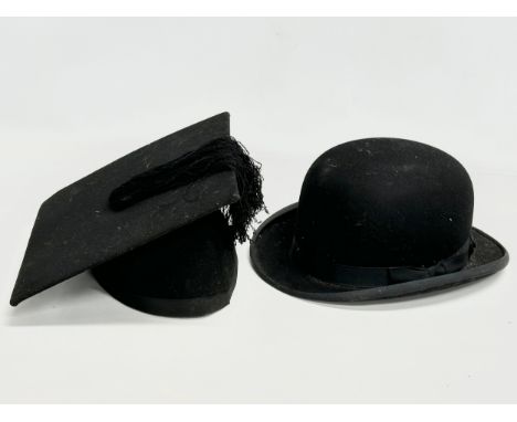 A vintage bowler hat by John S. Shaw &amp; Son LTD, Belfast and a Mortar Board hat. 