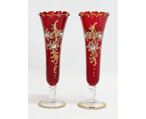 A pair of Venetian Murano Ruby Glass vases. Italy. 24cm 