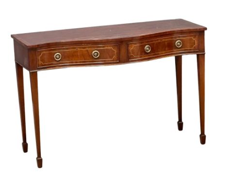 A Sheraton style brass inlaid mahogany serpentine front console table with 2 drawers. 128x53.5x84.5cm