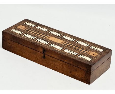 A Victorian walnut Cribbage Game box with bone and satinwood inlay. 28x10x5cm 