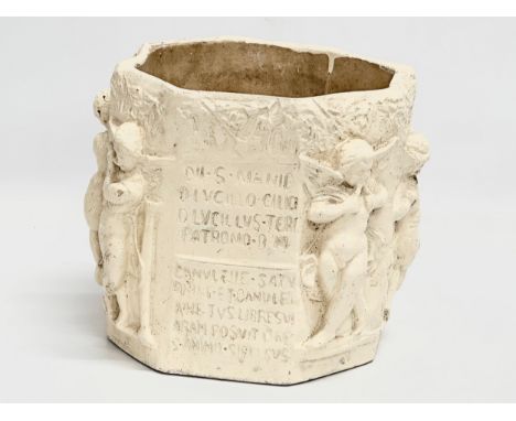 An early/mid 20th century painted terracotta garden planter, decorated with Putti Cherubs, wild flowers. 25x22x21cm 