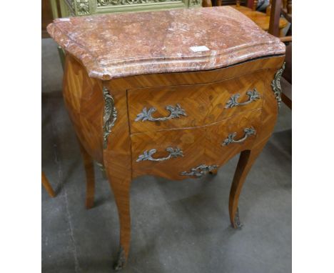 A French Louis XV style simulated marquetry kingwood, gilt metal and marble topped serpentine petit commode 