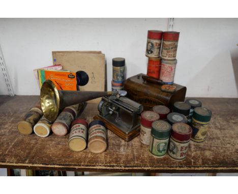 An early 20th Century oak cased Columbia Phonograph Graphophone, with horn speaker, needles, a large collection of cylinders 