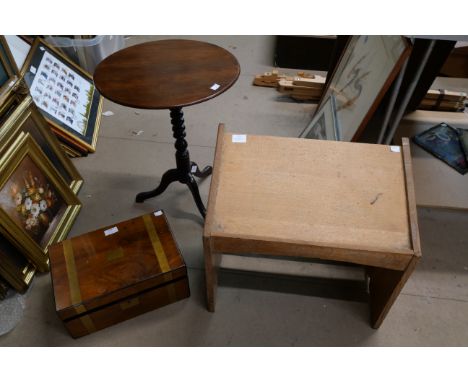 A Victorian mahogany tripod wine table, a walnut writing slope and an oak lectern