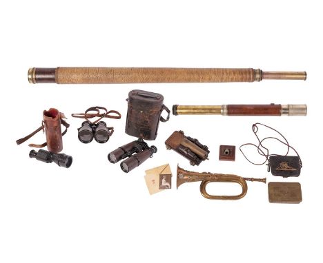 A small collection of militaria, to include an Edwardian mahogany and bronze working miniature coehorn mortar with a 7 cm bas