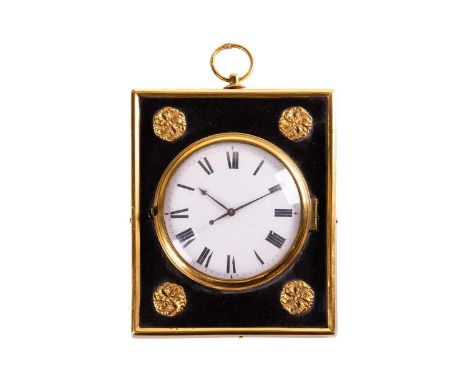A George III mahogany and ebonised gilt brass mounted Sedan clock of rectangular form, the circular convex enamel dial with R