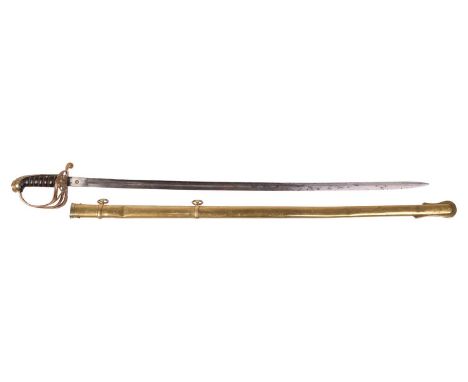 A Victorian 1854 pattern officer's dress sword and scabbard the brass hilt with pierced Gothic brown and VR cypher, the warra