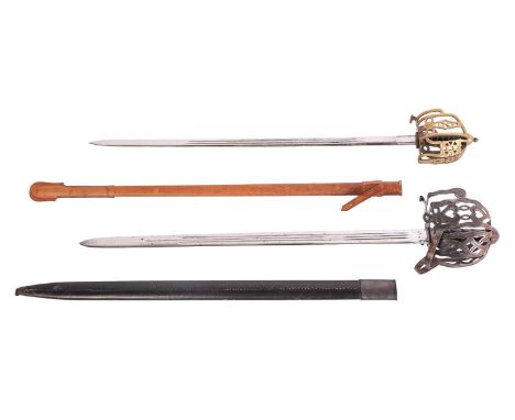 A Scottish officer's basket-hilted sword and leather-covered scabbard, 82 cm length of blade, together with a an iron baskete