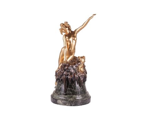 Louis Chalon (French,1866-1940); a large, French Art Nouveau/Deco cast, gilt and patinated and patinated bronze sculptural ce