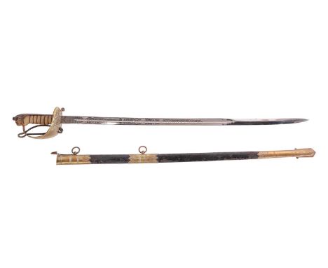 A Royal Navy 1822 type officers dress sword and scabbard, by Wilkinson Sword, with ray skin grip and lion pommel, 80 cm lengt