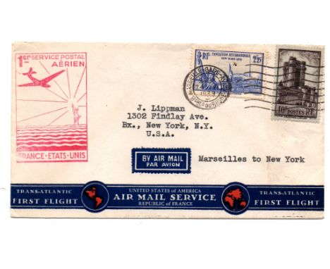 France 1939 Handsomely illustrated first flight cover, Marseilles to New York, with special red boxed cachet, franked 2 adhes