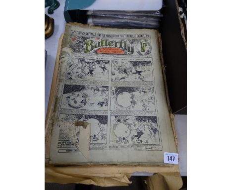 Collection of vintage comics, titled include 'The Butterfly', 'Sparks', 'Chips', 'Puck II', 'Favourite', 'Rainbow II', 'Firef