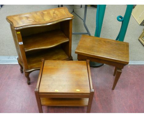 Reproduction walnut effect serpentine topped open two shelf bookcase, teak coffee table and an inlaid occasional table