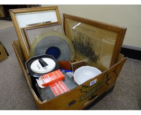 Quantity of framed group photographs, selection of crockery and glassware, playing cards etc