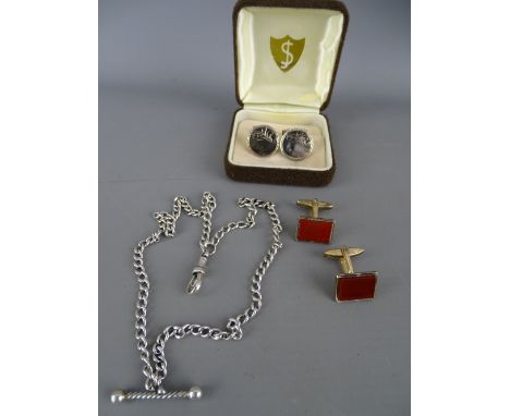 Pair of hallmarked silver gent's cufflinks and one other gold on silver set with cornelian insets with an untested white meta