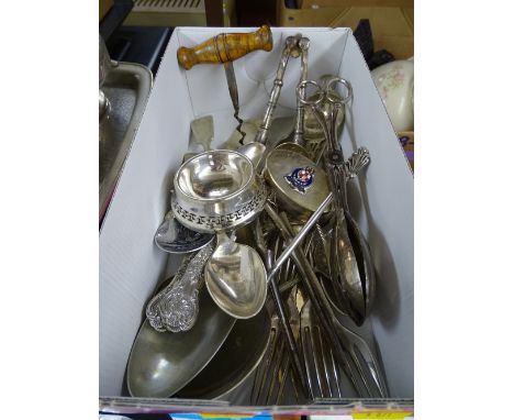 Loose quantity of EP cutlery, vintage wooden handled corkscrew, an EPNS pill box with 'RMS Tunisian' enamel badge etc