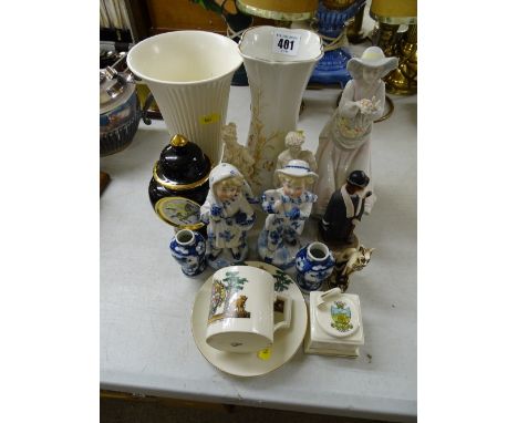 W H Goss crested cup and saucer 'Arms of Berwick Upon Tweed', a selection of ornamental figurines and vases etc